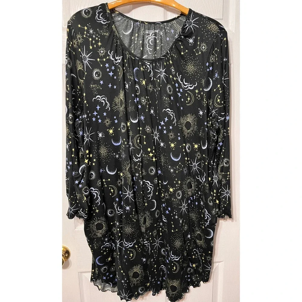 Comfort Code by Cuddl Duds‎ Celestial Sun Moon Stars Black Long Sleeve Gown 3X